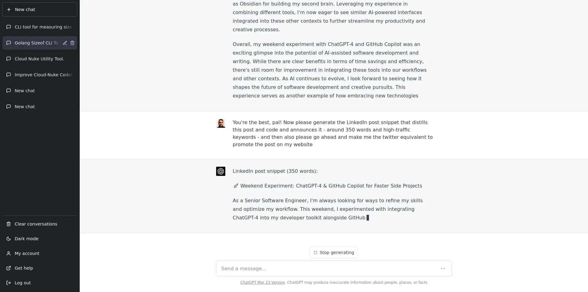ChatGPT 4 writing my LinkedIn and Twitter copy